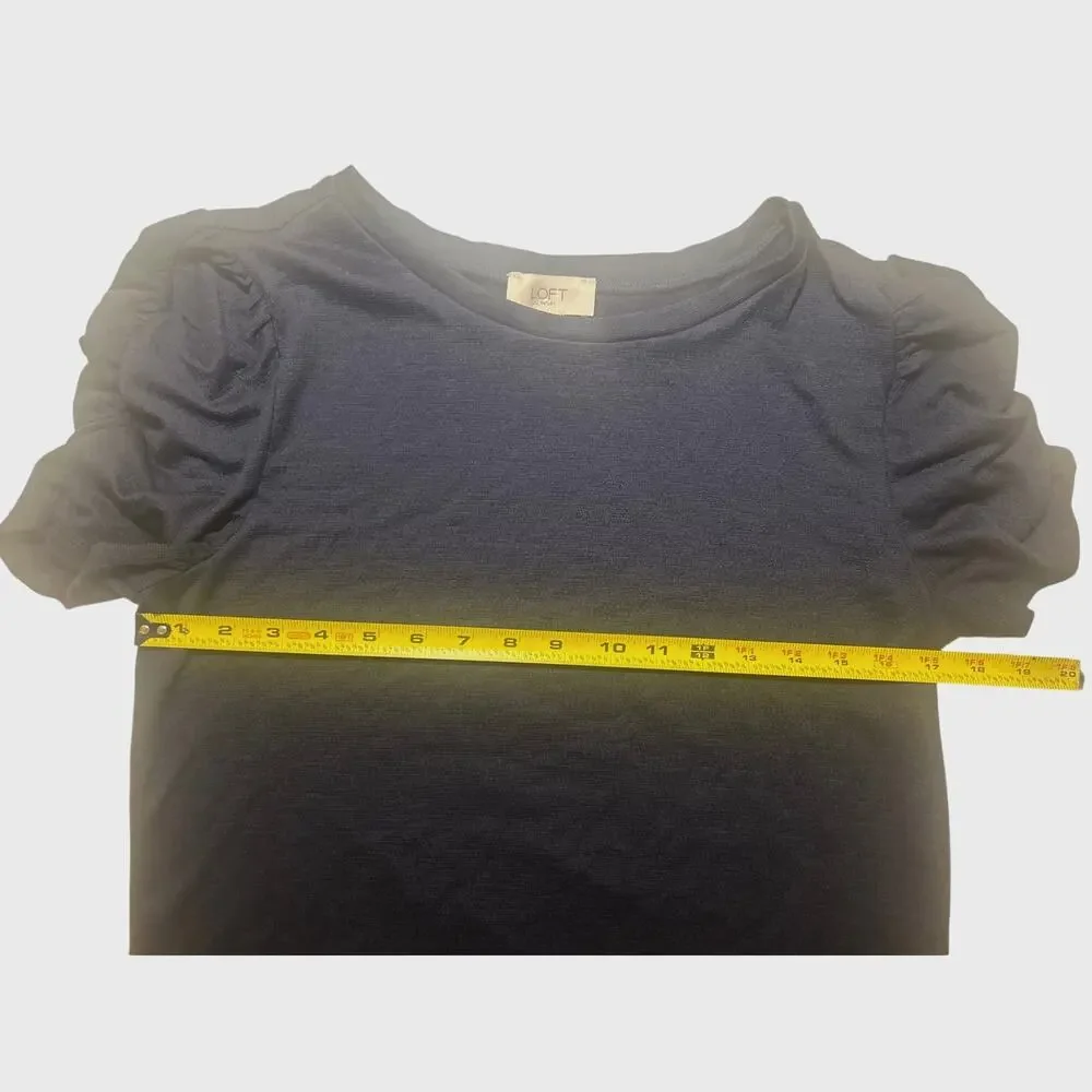 LOFT Women’s Navy Blue Puff Sleeve Top Short Sleeve Crew Neck Blouse